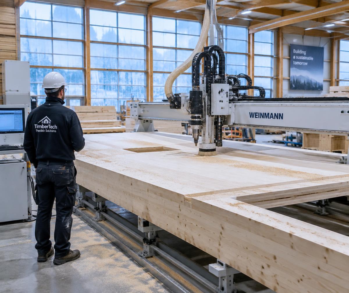 CNC machine cutting a timber wall panel inside the Enigma 2002 factory