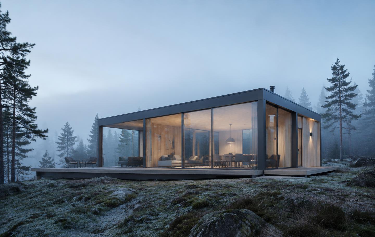 Aurora prefab house — timber and glass pavilion on a misty forest clearing at dawn