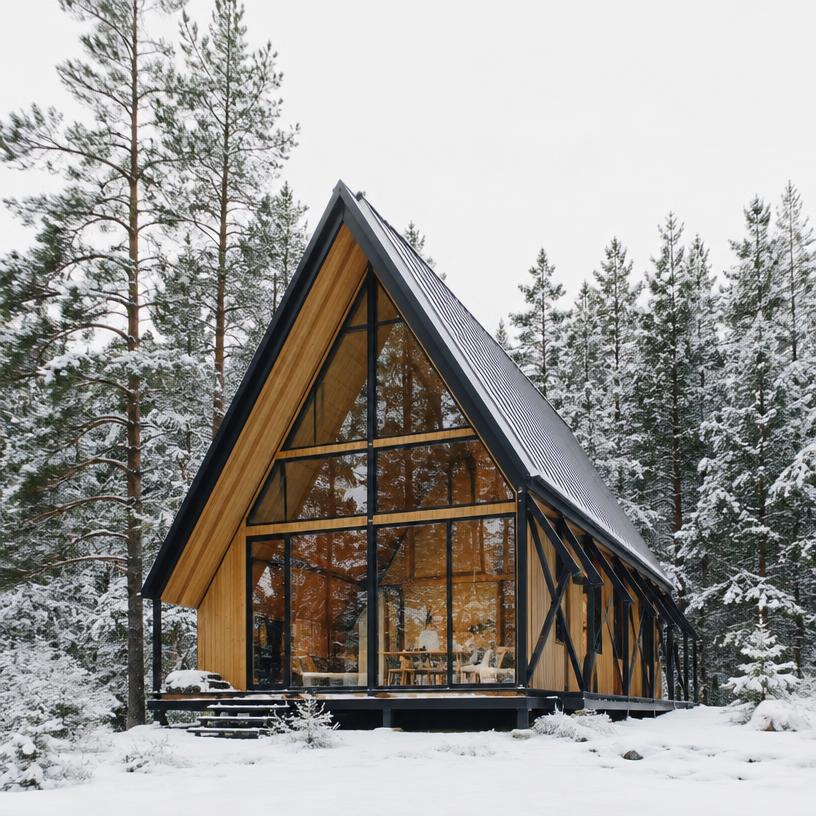 Peak — timber A-frame prefab cabin in a snowy pine forest